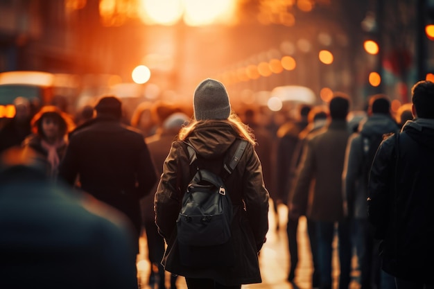 Multitud de personas caminando por la calle con un suave bokeh que se mueve rápidamente en la ciudad