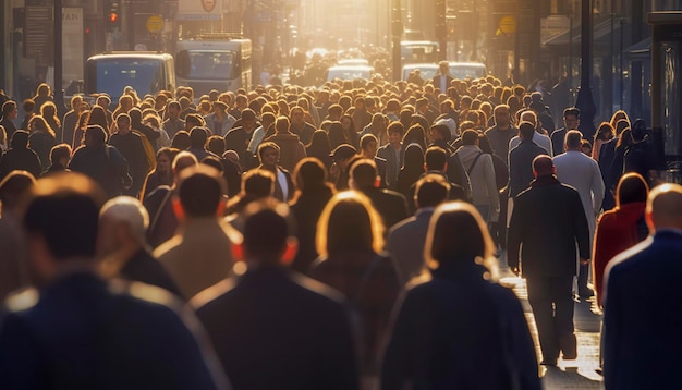 Multitud de personas caminando por la concurrida calle de la ciudad con retroiluminación AI generativa