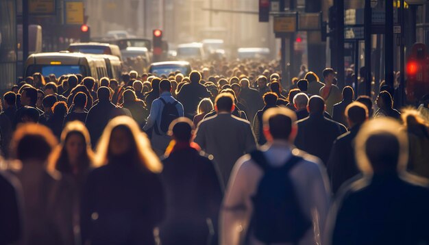 Multitud de personas caminando por una concurrida calle de la ciudad retroiluminada IA generativa