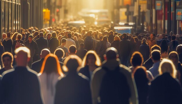 Multitud de personas caminando por una concurrida calle de la ciudad retroiluminada IA generativa