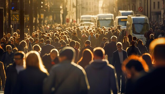 Foto una multitud de personas caminando por una concurrida calle de la ciudad retroiluminada ia generativa