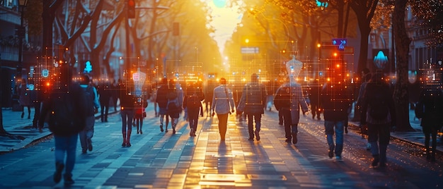 Foto una multitud de personas caminando por las concurridas calles urbanas es filmada por cctv ai reconocimiento facial análisis de grandes datos interfaz de escaneo de información personal