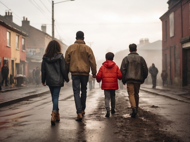 Una multitud de personas caminando en un día de invierno con niebla