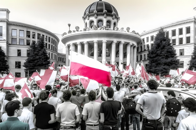 Multitud de personas con carteles y banderas de pie frente al edificio del parlamento durante la protesta posterior a las elecciones Red neuronal generada por IA