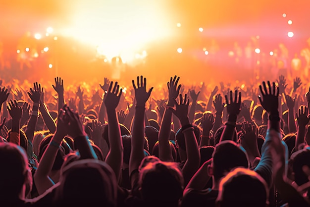 Una multitud de personas en un concierto con las manos en el aire y luces de colores.