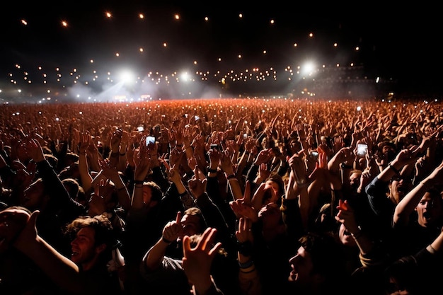 Una multitud de personas en un concierto con las manos en el aire.