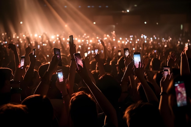 Una multitud de personas en un concierto o fiesta de evento en vivo sosteniendo las manos y los teléfonos inteligentes generativos ai