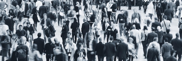 Foto multitud de personas corriendo en un centro comercial, tamaño pancarta. ideal para diseños de sitios web y revistas