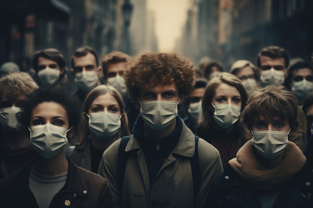 Foto una multitud de personas de diferentes nacionalidades con máscaras faciales caminan por una calle de la ciudad la imagen es un poderoso recordatorio de la pandemia global de covid-19