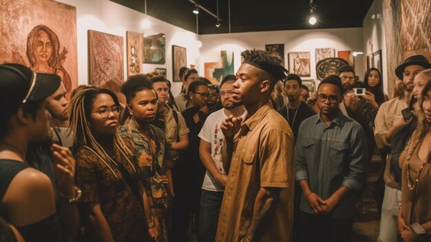 Una multitud de personas está mirando pinturas en una galería.