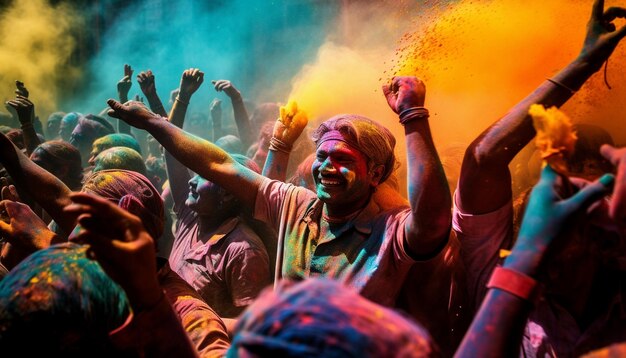 una multitud de personas están aplaudiendo con humo de colores saliendo de ellos