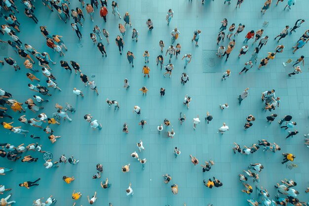 Una multitud de personas están caminando por una acera vista superior