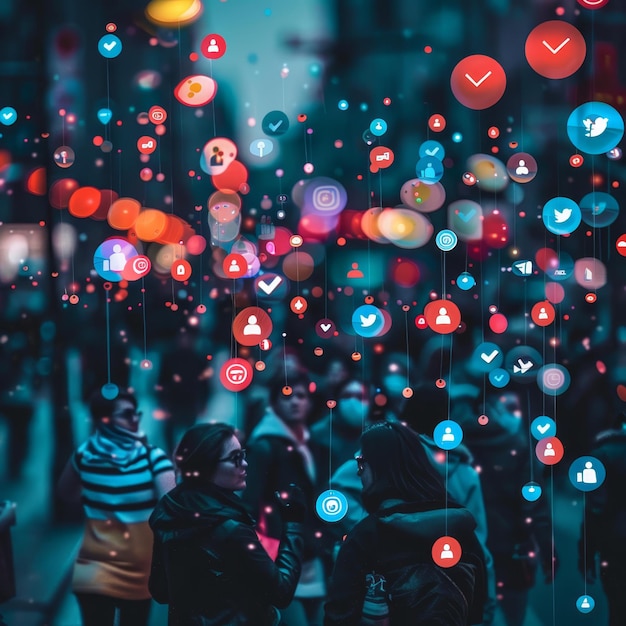 Foto una multitud de personas están caminando en una calle concurrida con un letrero rojo y azul que dice comprobar sus opciones