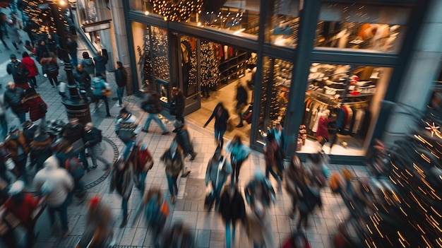 una multitud de personas están caminando en un frente de la tienda