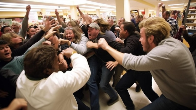 Una multitud de personas están peleando en una tienda.