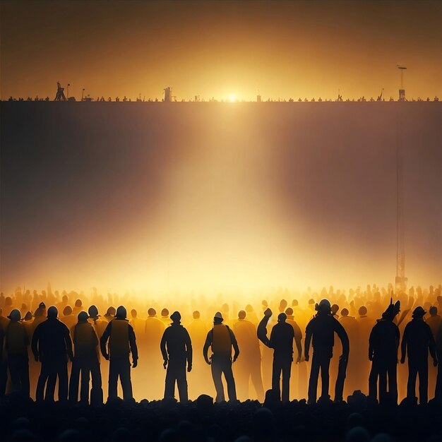 Una multitud de personas están de pie bajo una luz naranja y amarilla.