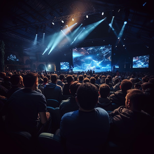 una multitud de personas están sentadas en una habitación oscura con un escenario con una gran pantalla que dice roca