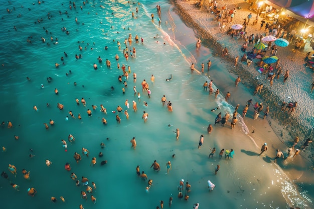 multitud de personas felices en la orilla del mar en la fiesta