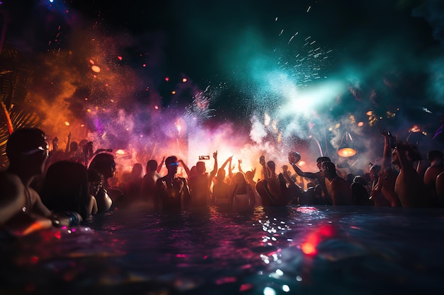 Multitud de personas en la fiesta nocturna en la piscina Ai art