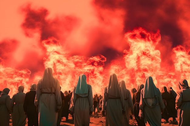 Foto una multitud de personas frente a un gran incendio en la ciudad ilustración del desastre del día del juicio final
