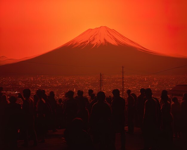 Foto una multitud de personas se han reunido alrededor de una montaña con un fondo rojo