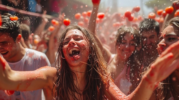 una multitud de personas lanzando tomates en el aire