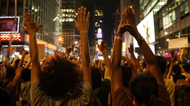 Multitud de personas levantando las manos en unidad en un bullicioso evento de la ciudad luces de neón iluminando la noche