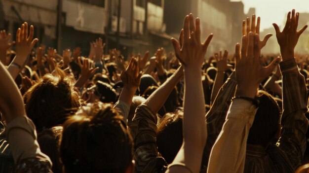 Multitud de personas levantando las manos en unidad en un bullicioso evento de la ciudad luces de neón iluminando la noche