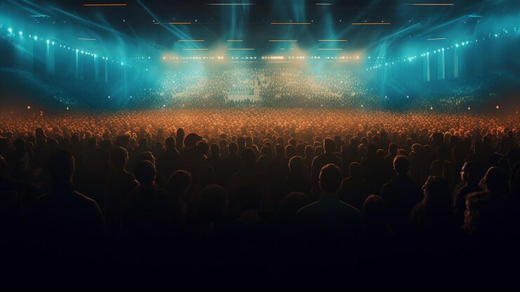Multitud de personas y luces del escenario en el fondo