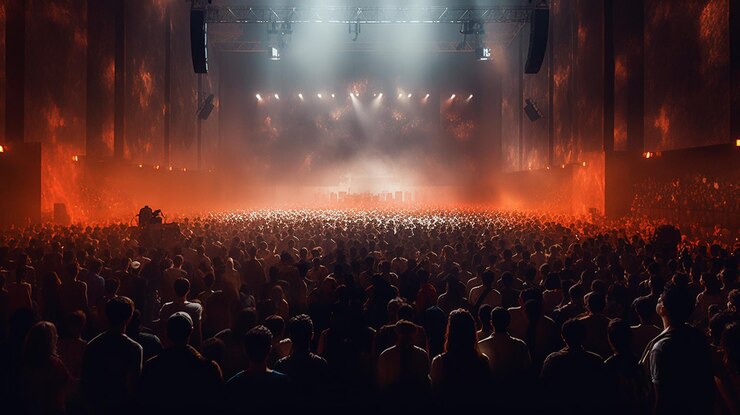 Multitud de personas y luces del escenario en el fondo