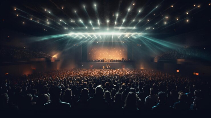 Multitud de personas y luces del escenario en el fondo
