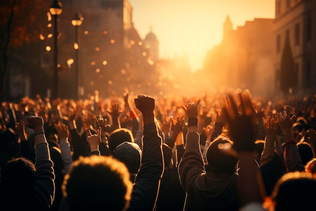 Multitud de personas con manos levantadas