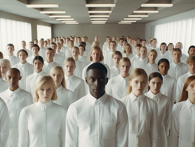 Una multitud de personas se para en una multitud, una de ellas lleva camisas blancas.