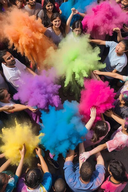 Foto una multitud de personas con polvo de color en sus manos