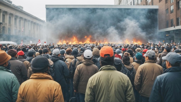 Foto una multitud de personas en una protesta observando los disturbios y el fuego delante de ellos