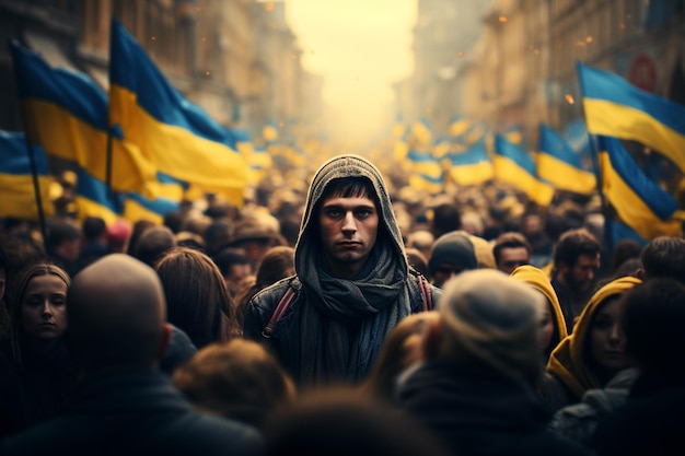 multitud de personas en la protesta de los ucranianos contra la guerra