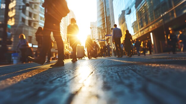 Foto multitud de personas que van a trabajar por la mañana entre los edificios de los centros de negocios