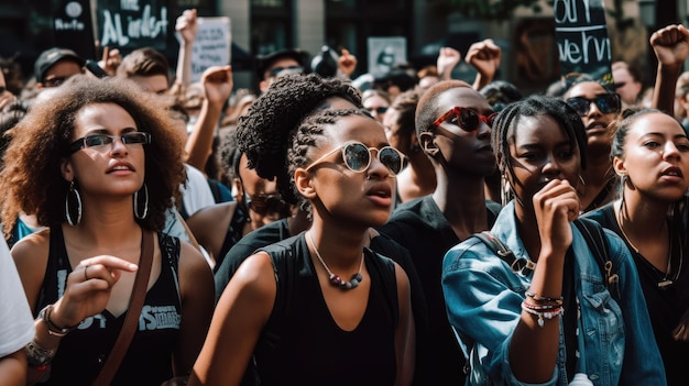 Una multitud de personas se reúne frente a un cartel que dice 'gente negra'