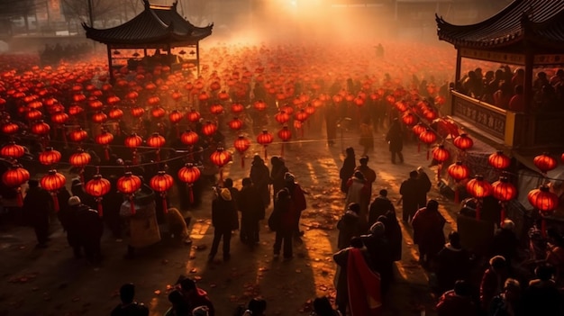 Una multitud de personas se reúnen en un templo por la noche.