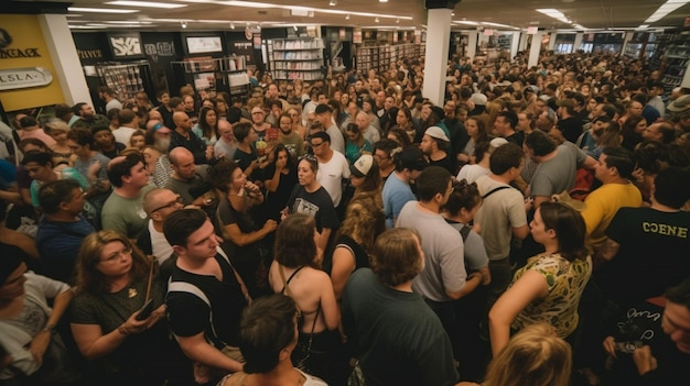 Una multitud de personas se reúnen en una tienda con un estante de libros al fondo.