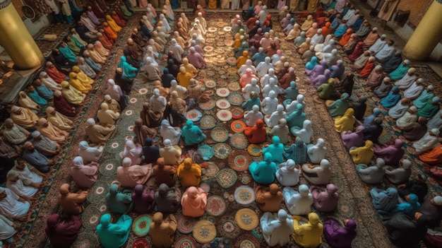 Una multitud de personas se sienta en un templo con decoraciones coloridas y las palabras "la palabra buda" en la parte inferior.