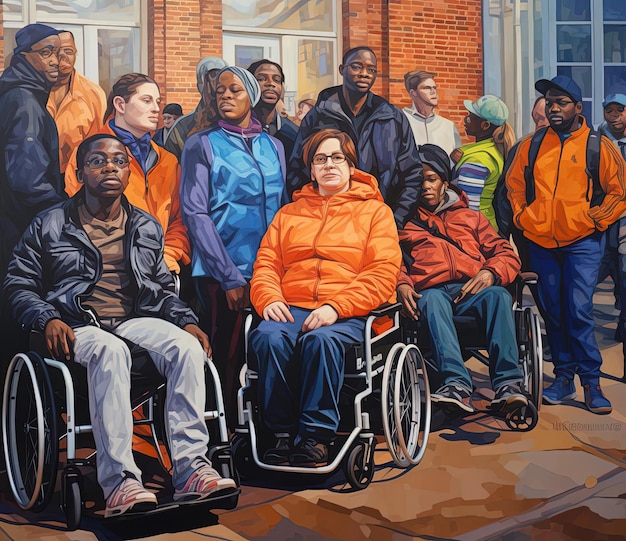 una multitud de personas en sillas de ruedas se encuentran frente a una pared al estilo de degradados de color