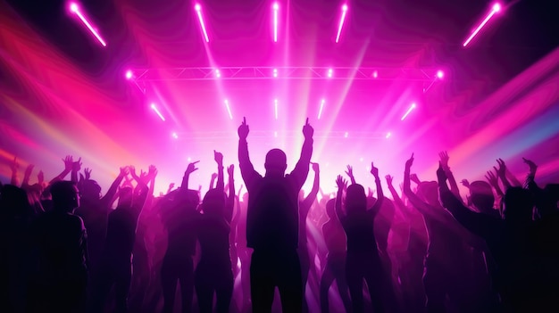 Una multitud de personas en silueta levanta las manos en la pista de baile sobre un fondo de luz de neón La vida nocturna del club de música danza movimiento juventud colores púrpura y rosas y niñas y niños en movimiento