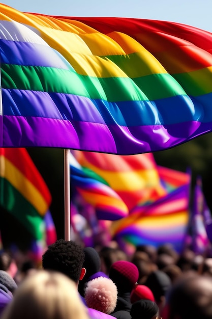 Una multitud de personas sostiene una bandera del arco iris