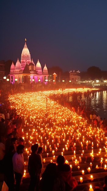 una multitud de personas sostiene velas y el templo por la noche