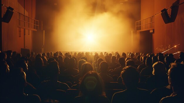 una multitud de personas en un teatro con una luz naranja brillante detrás de ellos