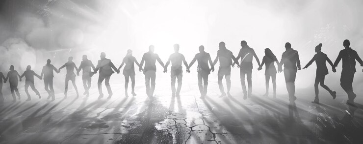 Foto una multitud de personas tomadas de la mano y caminando hacia una luz brillante en la calle
