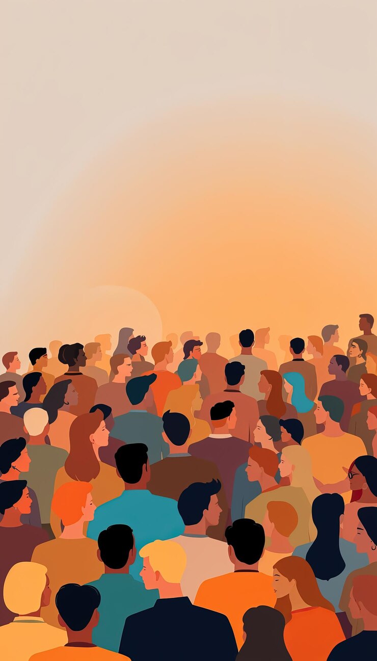multitud de personas en tonos cálidos con el cielo naranja en el fondo que simboliza la unidad la diversidad la inclusión