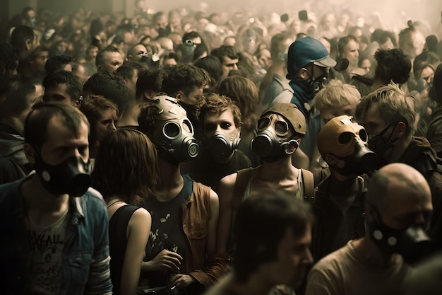 Multitud de personas con uniforme y máscara antigás Concepto de contaminación ambiental por radiación y virus Red neuronal IA generada