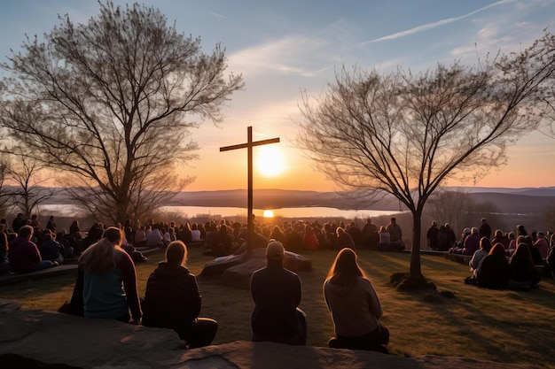 Multitud de personas viendo la puesta de sol sobre el lago y la cruz por la mañana de Pascua